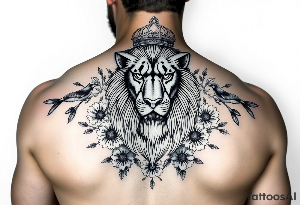powerful majestic lion with a crown, surrounded by floral ornaments and birds tattoo idea