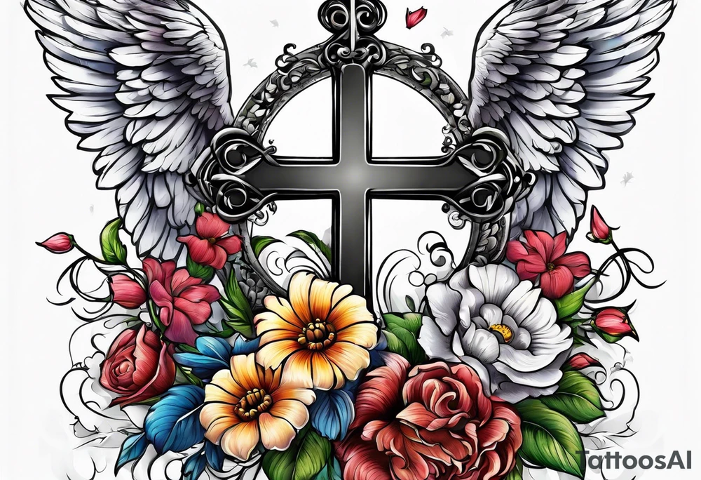 Flowers around a cross with angel wings tattoo idea
