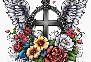 Flowers around a cross with angel wings tattoo idea