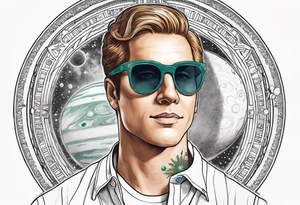 portrait of Joseph Smith Jr. wearing a Dartmouth College shirt, and hypnotic looking sunglasses, with a solar system background tattoo idea