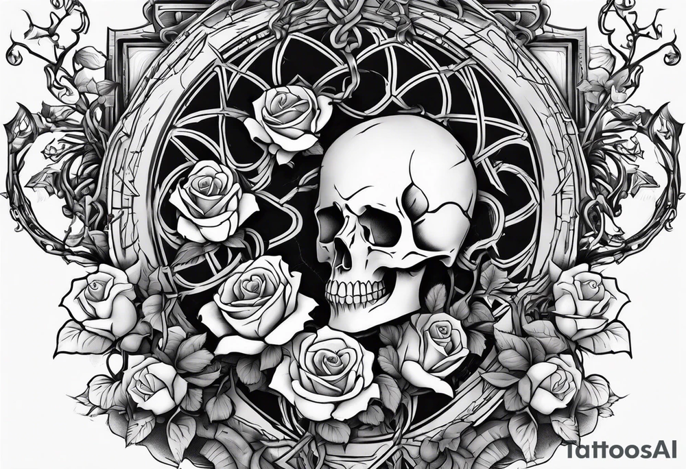 tattoo fool sleeve, old broken gothic home, broken sword, tree roots break out of the chains, roses tattoo idea