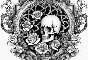 tattoo fool sleeve, old broken gothic home, broken sword, tree roots break out of the chains, roses tattoo idea