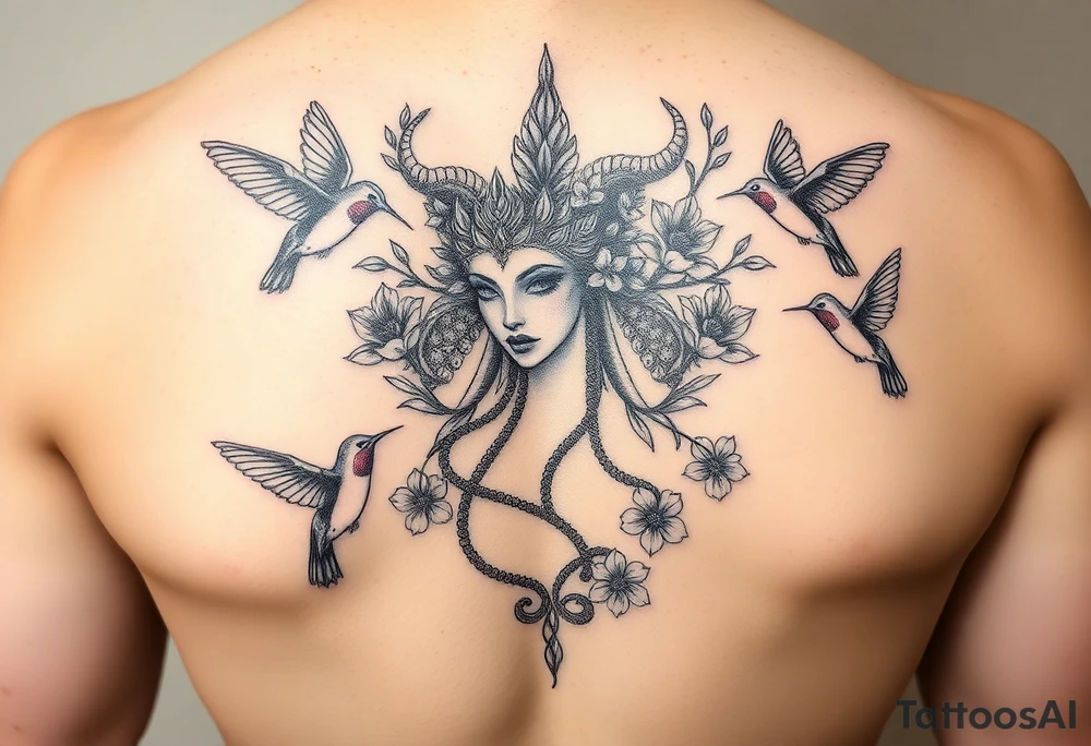 feminine medusa surrounded by hummingbirds and flowers tattoo idea