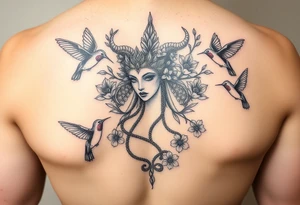 feminine medusa surrounded by hummingbirds and flowers tattoo idea