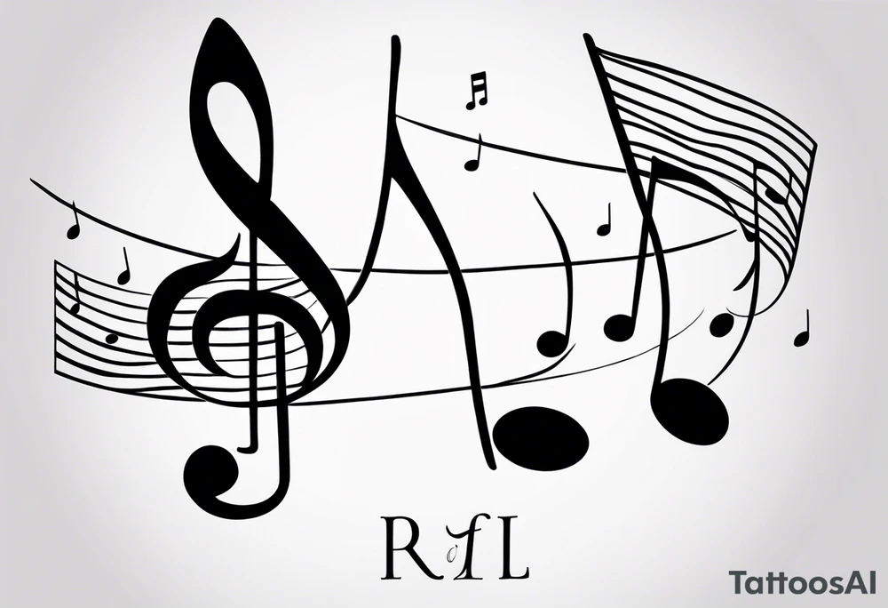 Minimalist line work tattoo, depicting musical
Notes and the letters “R” and “L” which symbolize Lainey and remi. tattoo idea