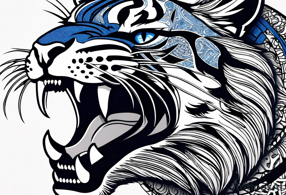 blue wildcat in football attire  morphing into jfootball game night half of the face is a black male school student tattoo idea