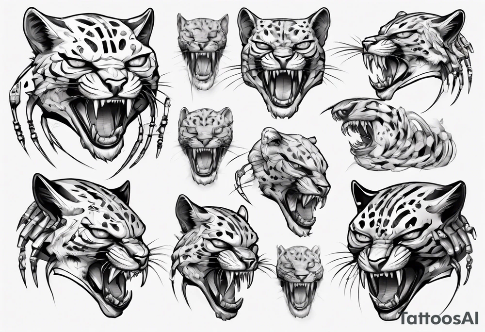 cybernetic ocelot full body teeth showing tattoo idea