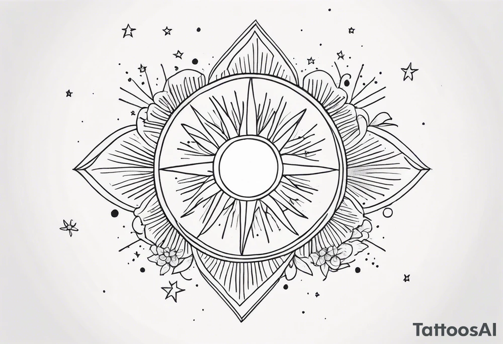 fine line with sun, stars, floral, dots. Sternum tattoo tattoo idea