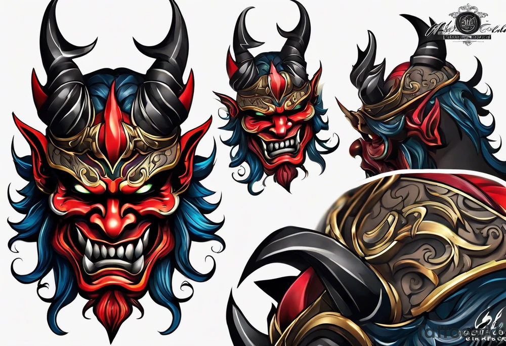 Protection against evil Oni mask tattoo idea