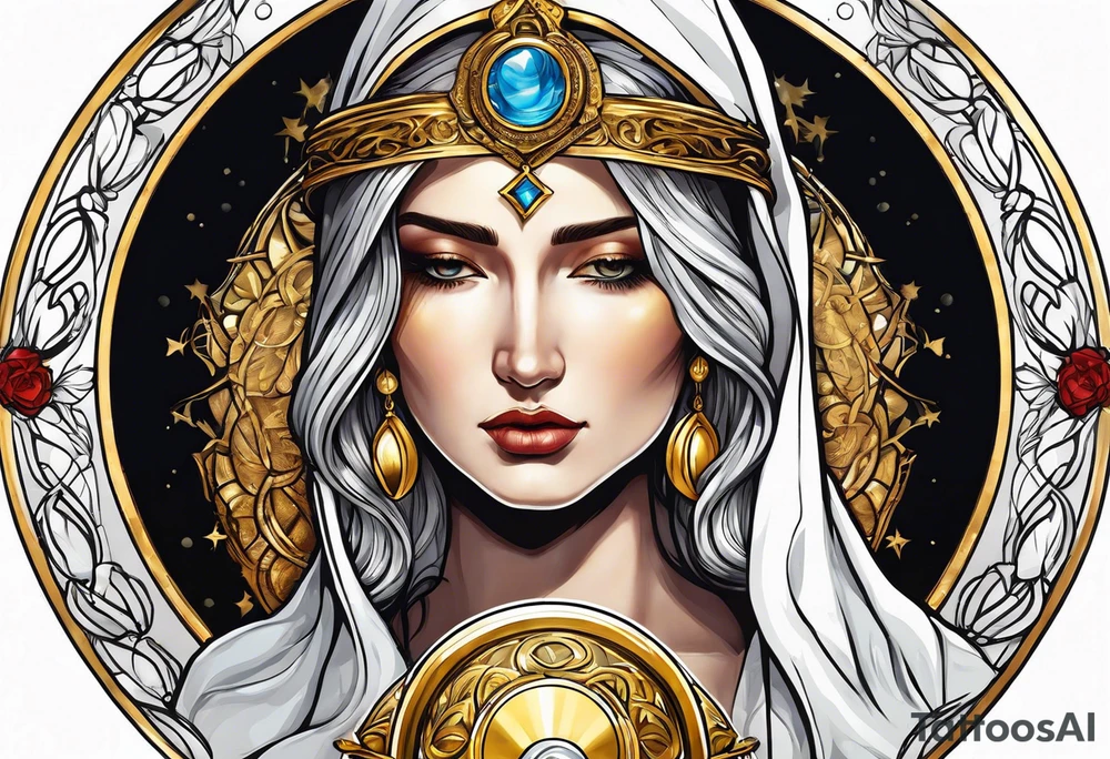 holy saint woman turned away with golden halo holding a chalice tattoo idea