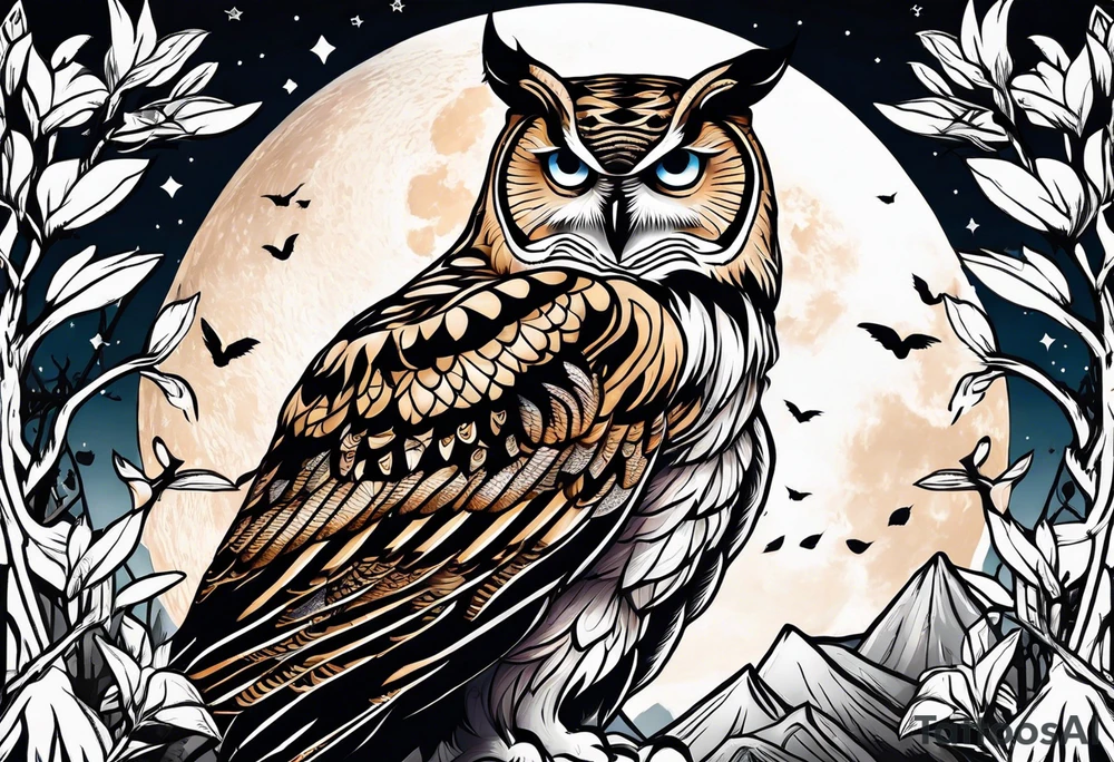 tiger owl underneath a full moon in a forest tattoo idea