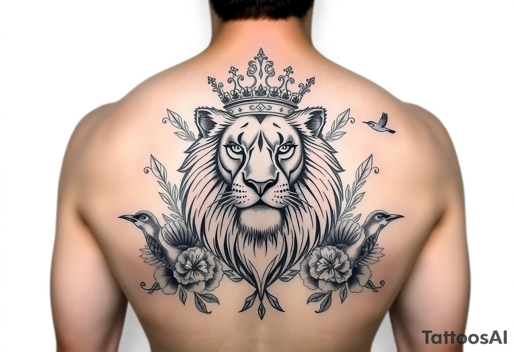 powerful majestic lion with a crown, surrounded by floral ornaments and birds tattoo idea