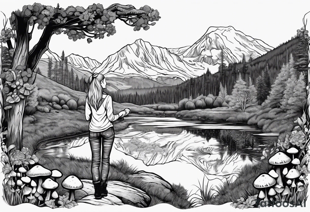Whole picture encircled fully

Straight long blonde hair hippie girl in distance holding mushrooms in hand facing away toward mountains and creek surrounded by mushrooms long sleeve shirt and hiking pants; whole rendering within a full circle, no cut off circle tattoo idea