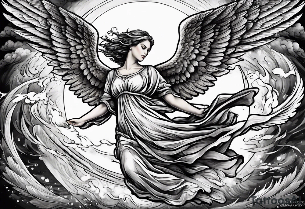Angel flying over a fire with a man bellow tattoo idea
