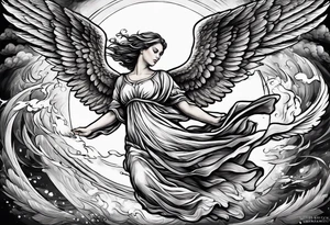 Angel flying over a fire with a man bellow tattoo idea