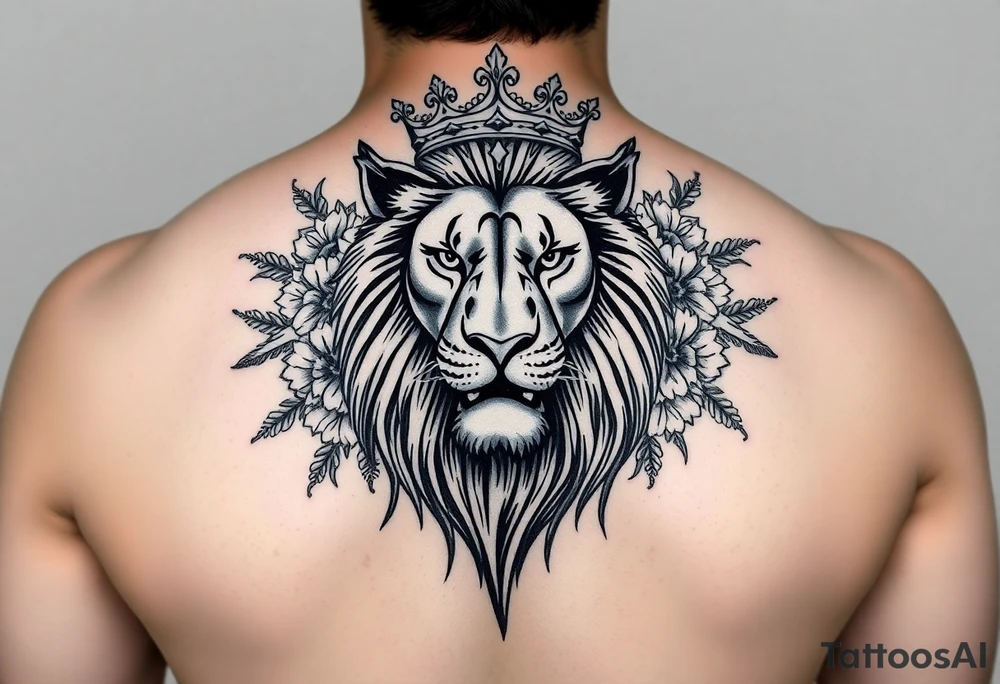powerful majestic lion with a crown, surrounded by floral ornaments and birds tattoo idea