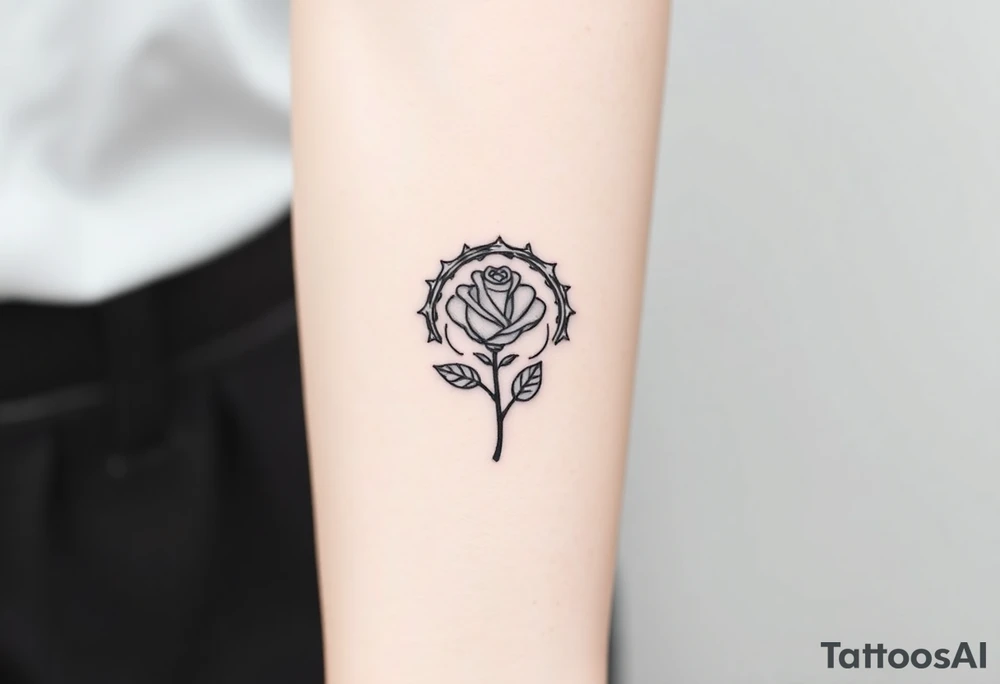 Crown of thorns with a rose with a stem in the middle tattoo idea