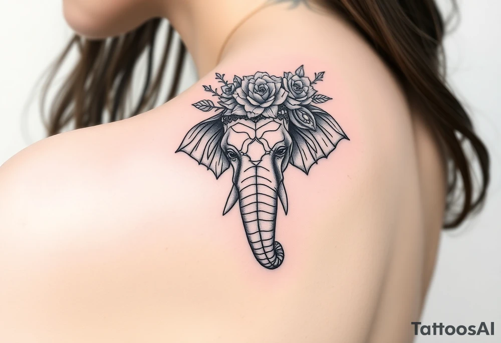 ornate mandala elephant adorned with crown of wild roses and thorns tattoo idea