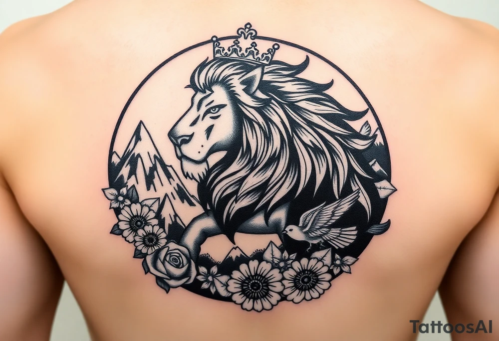 powerful majestic lion with a crown, surrounded byA golden mustang horse with black mane and legs, captured in motion inside a circle. The mountains and nature should frame the design, blending with the horse's black fur as a base to represent the landscape. Experiment with using the black fur to shape the mountains, playing with edges or interior details. floral ornaments and birds tattoo idea