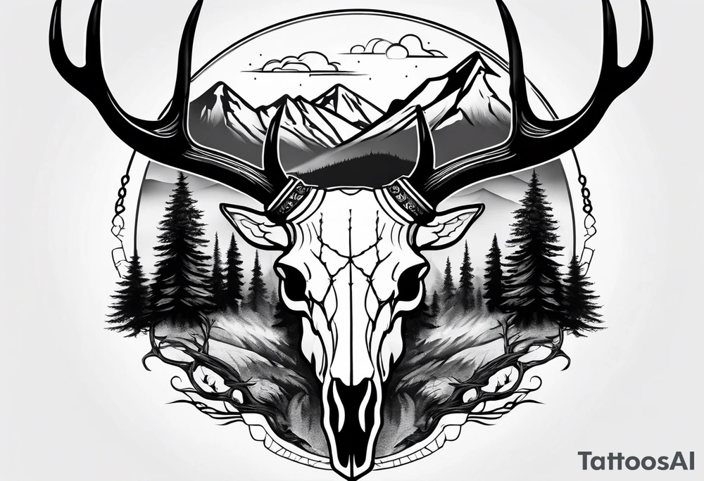 elk skull with mountains and trees tattoo idea elk skull with mountains and trees tattoo idea