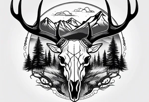 elk skull with mountains and trees tattoo idea