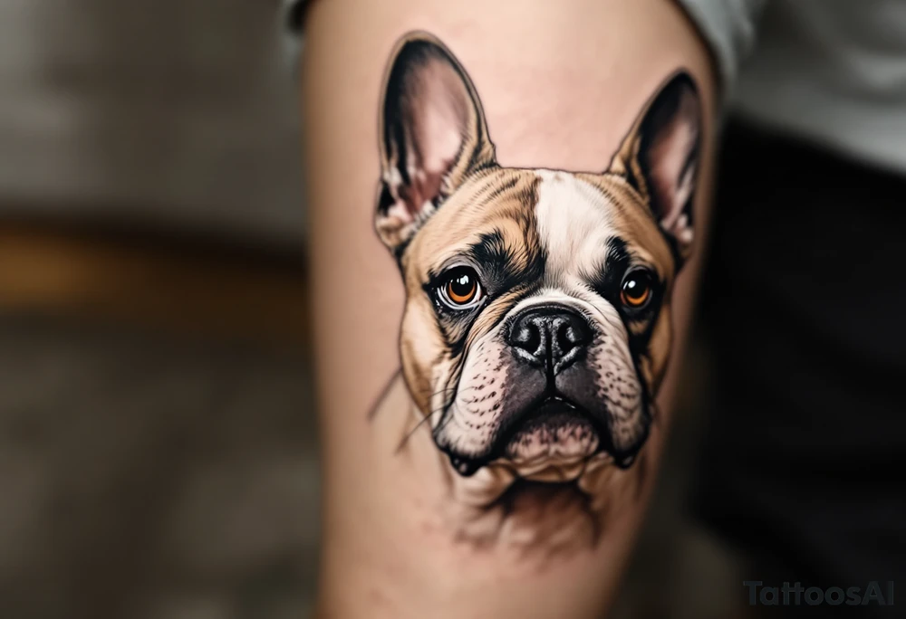 Realistic French Bulldog portrait in soft beige and white, with expressive dark eyes and a glossy black nose, facing forward with gentle shading. tattoo idea
