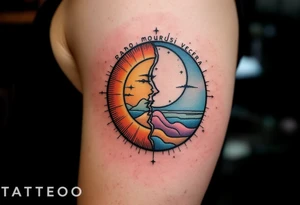 "Rano moudrejsi vecera." — A half-sun, half-moon design in pastel oranges and soft blues, with the phrase circling the horizon line in black. tattoo idea