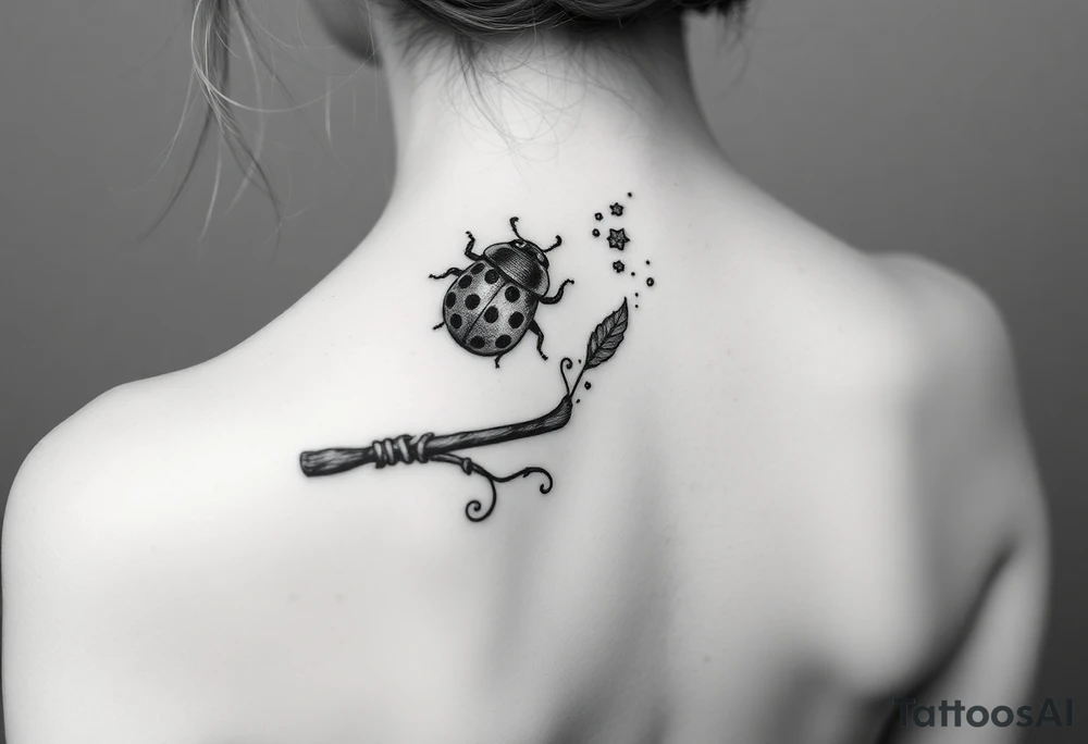 A ladybug getting out of hermione's magic wand like it was a spell. Magic dust all around it that looks almost like smoke. I also want some details around it that would make a piggyback on harry potter's movie tattoo idea