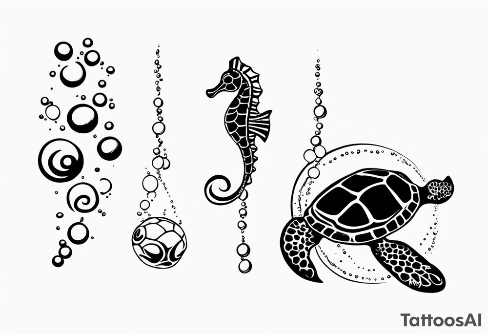 Small Starfish, Seahorse and turtle in a vertical line with bubbles tattoo idea