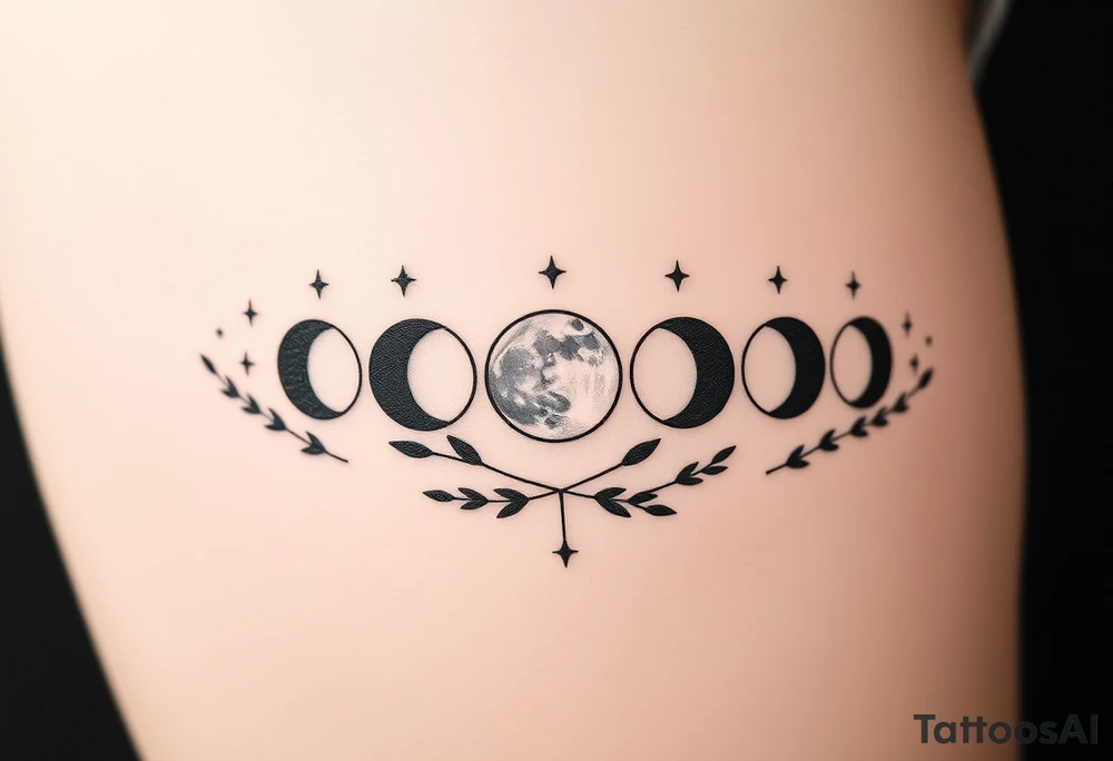 the 9 moon phases with stars and olive branches tattoo idea