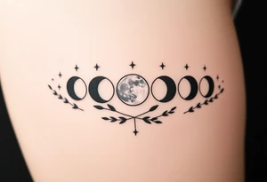 the 9 moon phases with stars and olive branches tattoo idea
