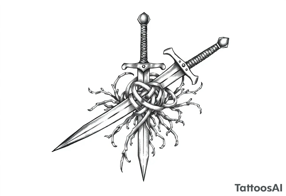 Armband tattoo of a sword with covered in a Celtic knot roots tattoo idea