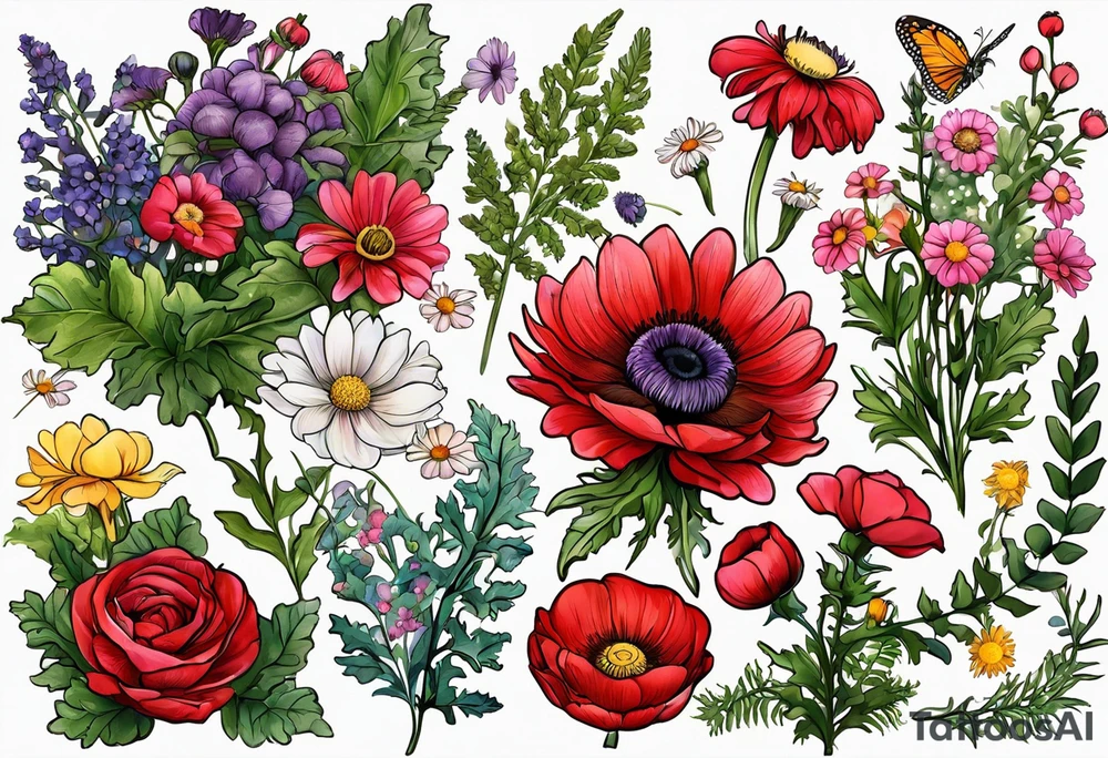 simple wildflowers with thistles, ferns, ranuculus, white anemones, sun flowers, red flowers, pink flowers, purple flowers, buttercups, babys breath, daisies, and greenery all in color tattoo idea