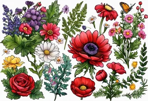 simple wildflowers with thistles, ferns, ranuculus, white anemones, sun flowers, red flowers, pink flowers, purple flowers, buttercups, babys breath, daisies, and greenery all in color tattoo idea