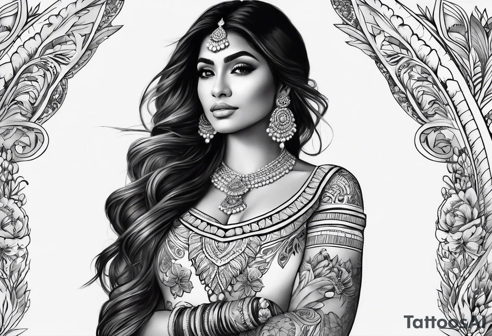 Please design a full sleeve tatto starting on my hand with a beautiful indian woman going up my arm will be her hair wrapping around my arm mixed with floral tattoo idea