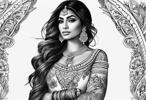 Please design a full sleeve tatto starting on my hand with a beautiful indian woman going up my arm will be her hair wrapping around my arm mixed with floral tattoo idea