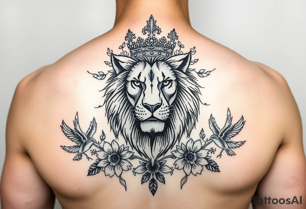 powerful majestic lion with a crown, surrounded by floral ornaments and birds tattoo idea