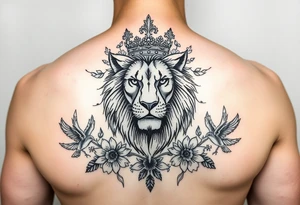 powerful majestic lion with a crown, surrounded by floral ornaments and birds tattoo idea