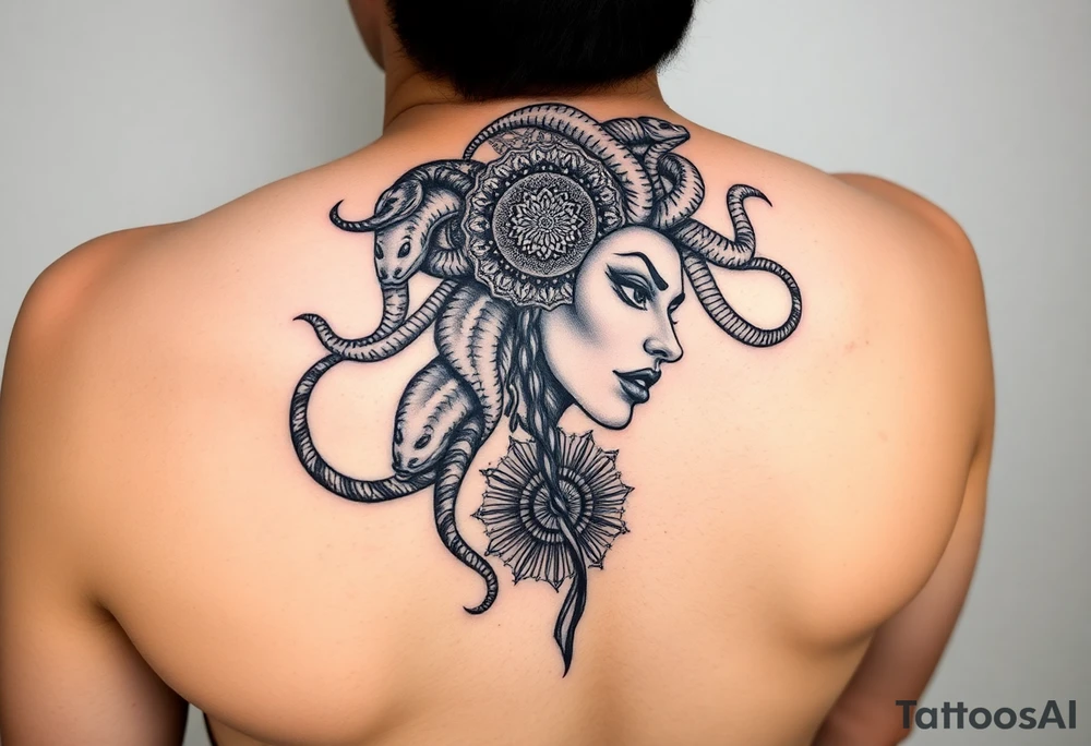 Side portrait of Medusa with snakes heads and mandala tattoo idea