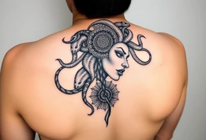 Side portrait of Medusa with snakes heads and mandala tattoo idea
