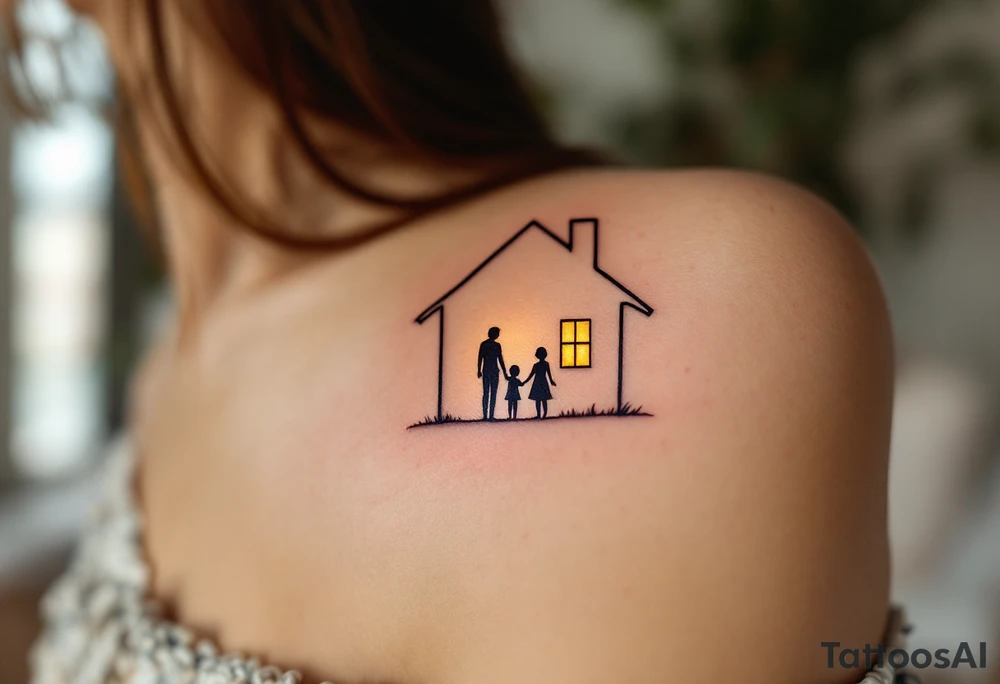 Family inside a house silhouette, with warm golden light glowing from the windows. tattoo idea