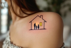 Family inside a house silhouette, with warm golden light glowing from the windows. tattoo idea