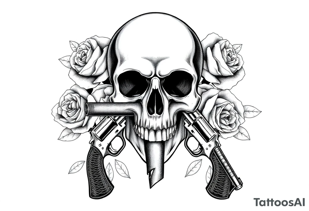 Skull with a large cigar, crossed revolvers, and blooming roses. tattoo idea