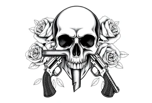 Skull with a large cigar, crossed revolvers, and blooming roses. tattoo idea