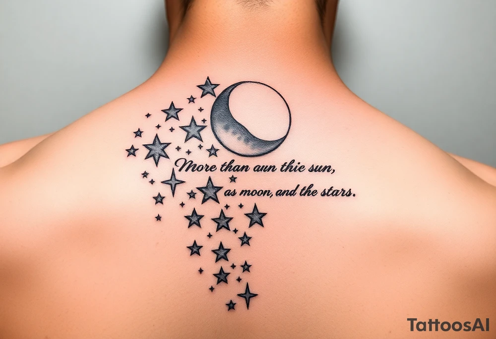 Cascade of stars with moon and sun
Handwritten “more than the sun, and the moon, and the stars”
On collarbone tattoo idea