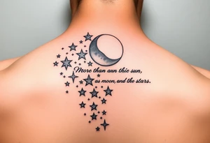 Cascade of stars with moon and sun
Handwritten “more than the sun, and the moon, and the stars”
On collarbone tattoo idea