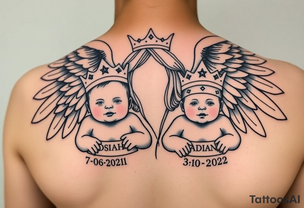 powerful beautiful realistic Women Angel with 2 baby boys one slightly older then the other  both boys wearki g king crowns with the names JOSIAH  and under name JOSIAH  romen numerals 7-06-2021 & the other younger baby in his crown saying ADIAN and under his name 3-10-2023 in roman numerals tattoo idea