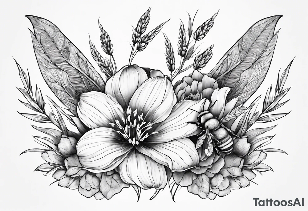 floral dainty soft leaves with bee dragonflower, wheat, tulip tattoo idea