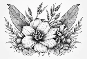 floral dainty soft leaves with bee dragonflower, wheat, tulip tattoo idea