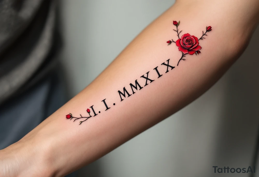 I.I.MMXIX written in pure black ink along the forearm with red rose vines delicately wrapping around. tattoo idea